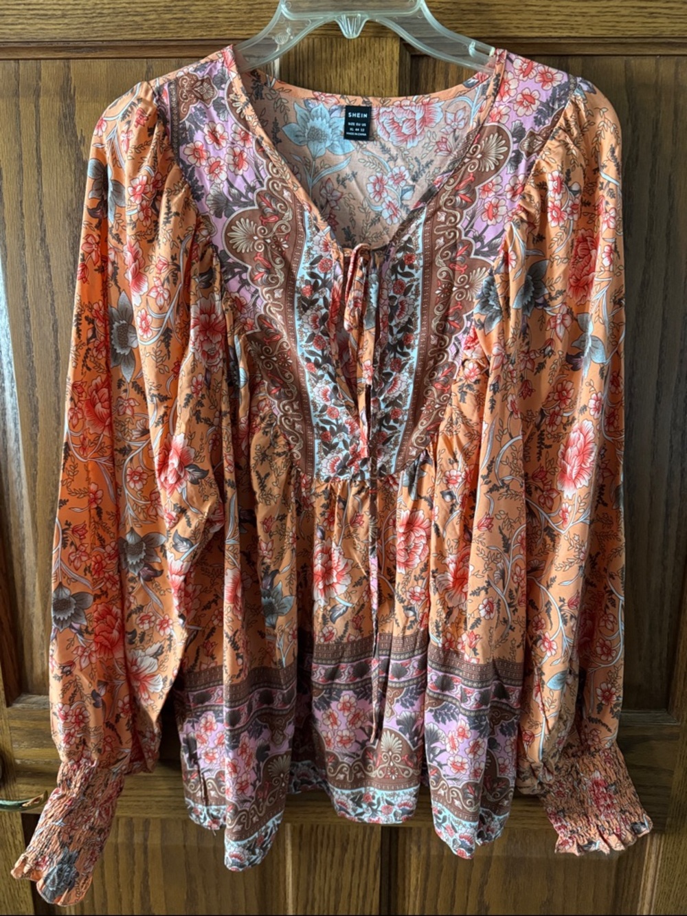 SHEIN Orange Floral Boho Tie-Front Tunic Top